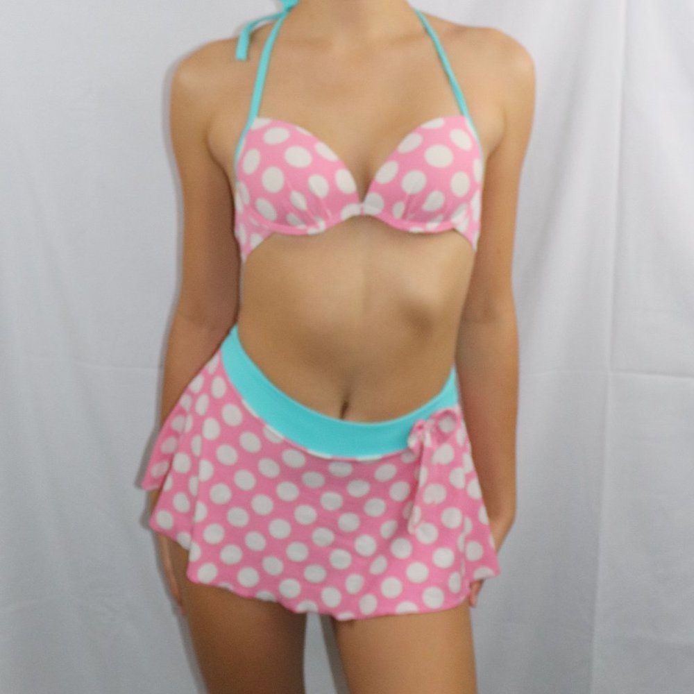 Polka Dot Pink White Teal Push Up Skirt Bikini